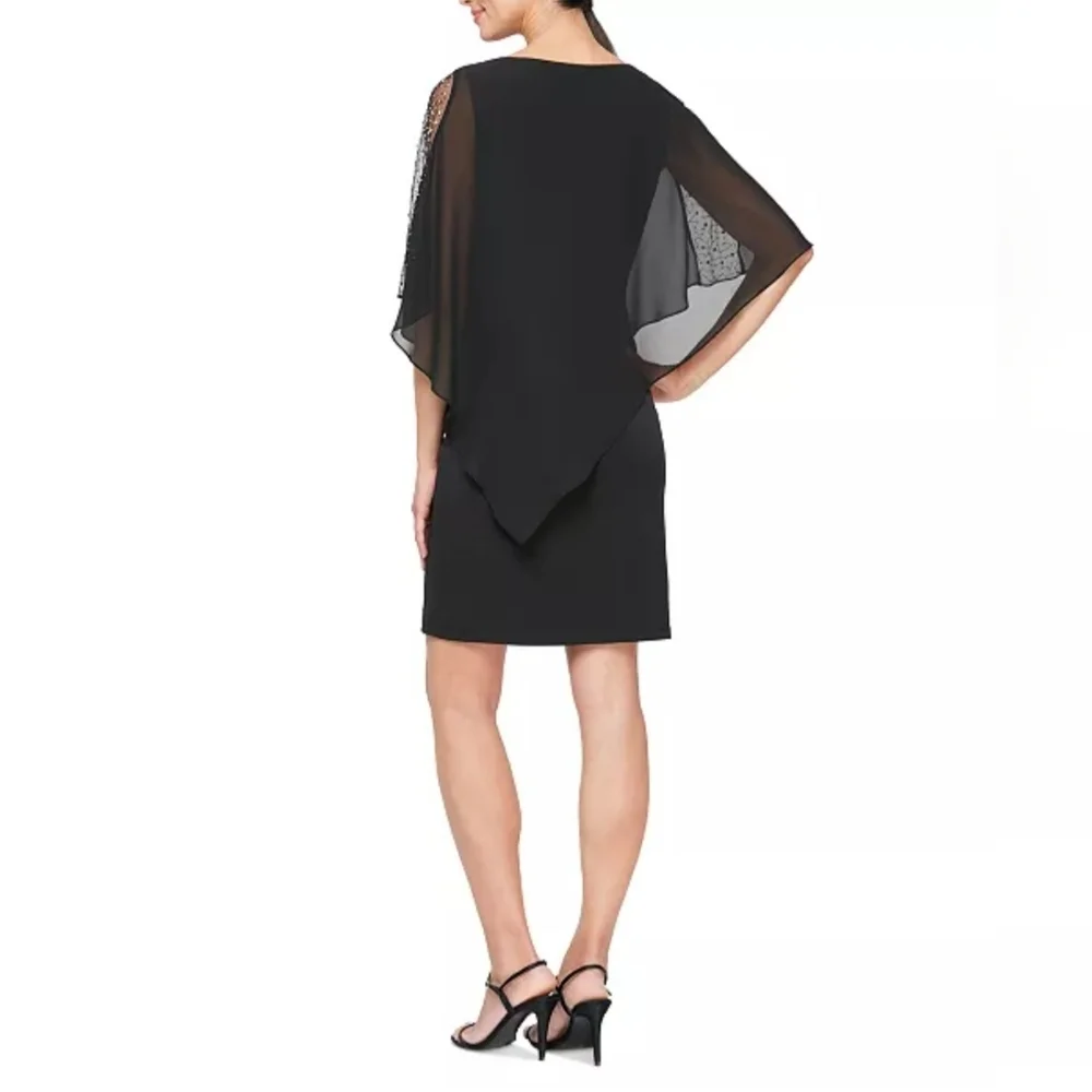 Ignite Evenings Black Chiffon Caped Cocktail Dress 10 - Picture 2 of 10